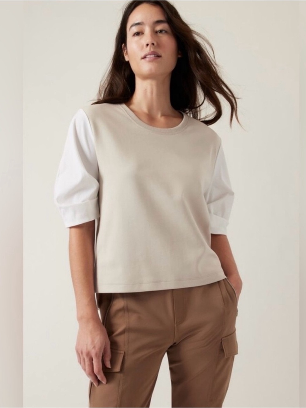 Athleta Short-Sleeve Crewneck Top in Beige and White